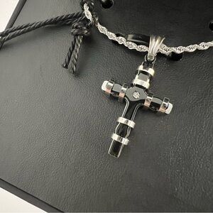 Anthony Jacobs Men’s Black and Silver Cross Pendant  Necklace